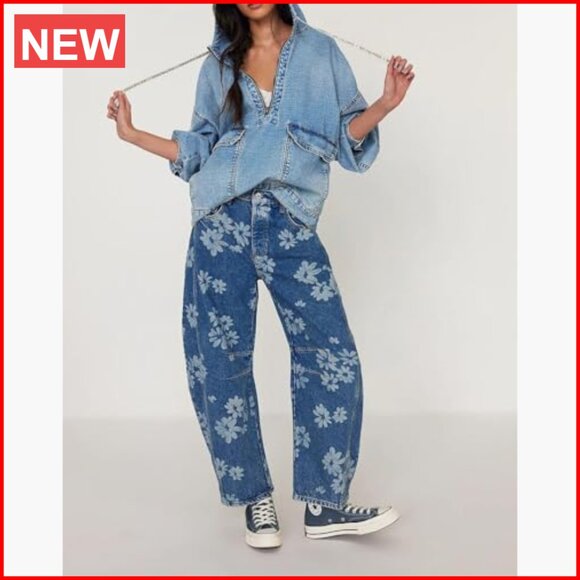 Mid Rise Baggy Barrel Jeans Floral Printed Wide Leg Denim Ankle Pants - Picture 5 of 7